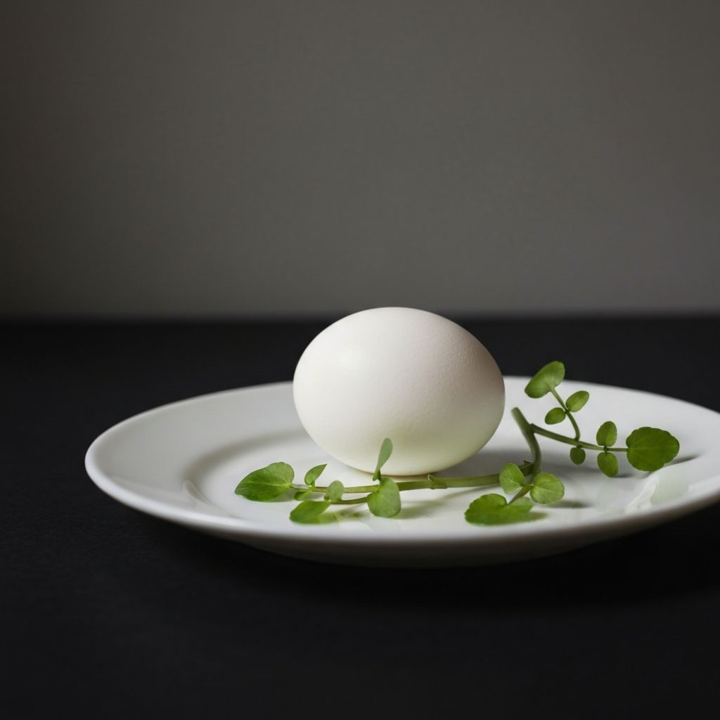 Minimalist plate with boiled egg and watercress